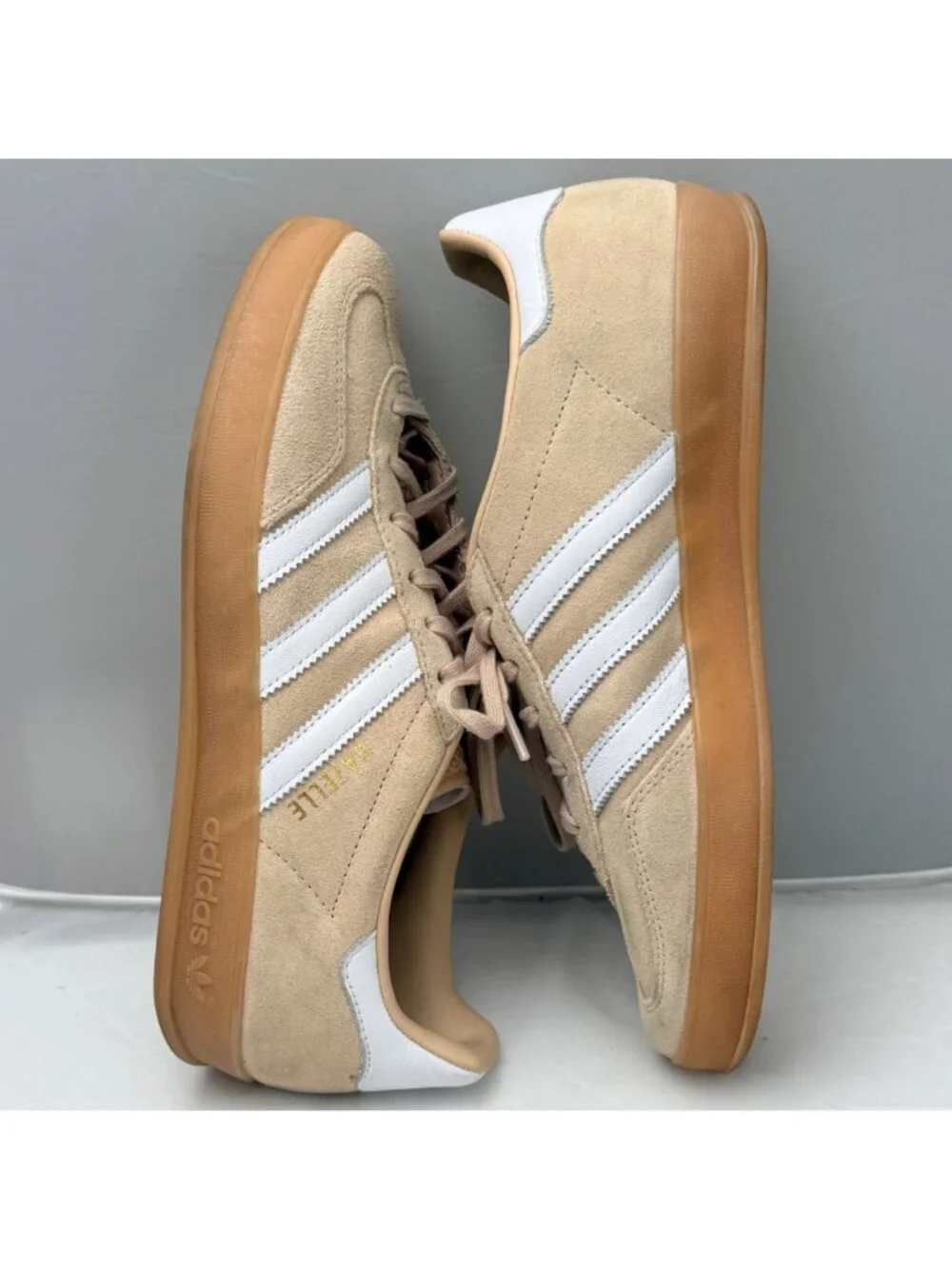 Adidas Gazelle Indoor Beige Suede Sneakers White Stripes Gum Sole Womens 8.5